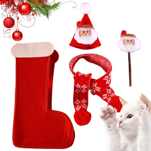 Senermter Katzen-Weihnachtsoutfit,Weihnachtskatzenspielzeug | Weihnachts-Katzenmütze-Schal-Outfit,Mütze und Schal für Katzen-Weihnachtskostüm-Dekoration, Weihnachts-Katzenbekleidung für Kätzchen von Senermter