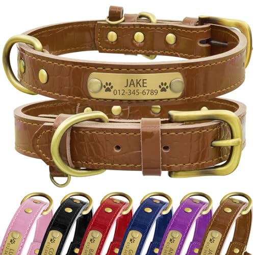 Senristar Personalisierte Hundehalsband aus Echtem Leder mit Eingraviertem Namensschild - Langlebiges und Stilvolles Hundehalsband für Kleine, Mittlere und Große Hunde (M, Braun) von Senristar