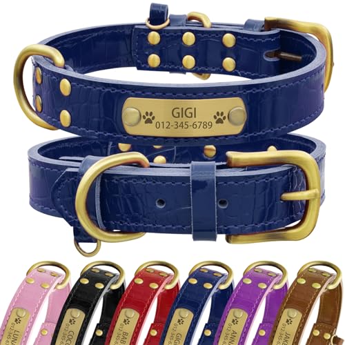 Senristar Personalisierte Hundehalsband aus Echtem Leder mit Eingraviertem Namensschild - Langlebiges und Stilvolles Hundehalsband für Kleine, Mittlere und Große Hunde (XL, Blau) von Senristar