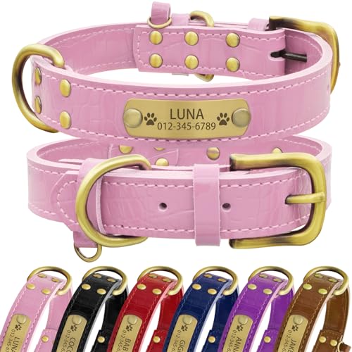 Senristar Personalisierte Hundehalsband aus Echtem Leder mit Eingraviertem Namensschild - Langlebiges und Stilvolles Hundehalsband für Kleine, Mittlere und Große Hunde (XL, Rosa) von Senristar