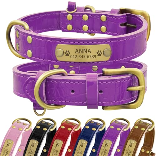 Senristar Personalisierte Hundehalsband aus Echtem Leder mit Eingraviertem Namensschild - Langlebiges und Stilvolles Hundehalsband für Kleine, Mittlere und Große Hunde (XL, Violett) von Senristar