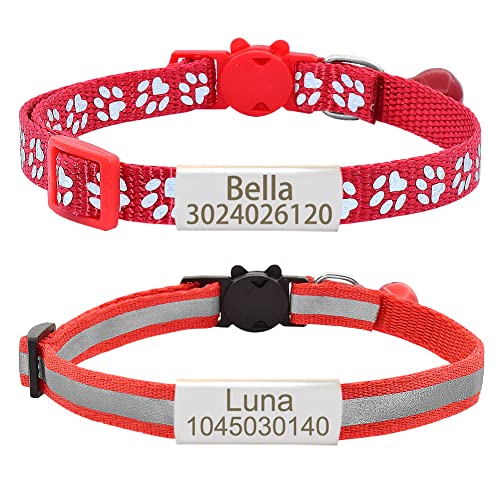 Senristar Personalisierte 2 Pack Reflektierende Katze Halsband,Benutzerdefinierte Breakaway Katze Halsbänder mit Namensschild und Glocke, Anti-Verlust Namensschild Katze Halsband für Mädchen & Jungen von Senristar