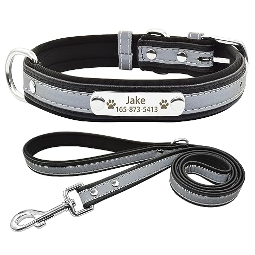 Senristar Personalisierte Neopren Gepolstert Reflektierende Hundehalsband und Leine Set, Benutzerdefinierte Gravierte Hundehalsband mit Namensschild für Kleine Mittlere Große Hunde von Senristar