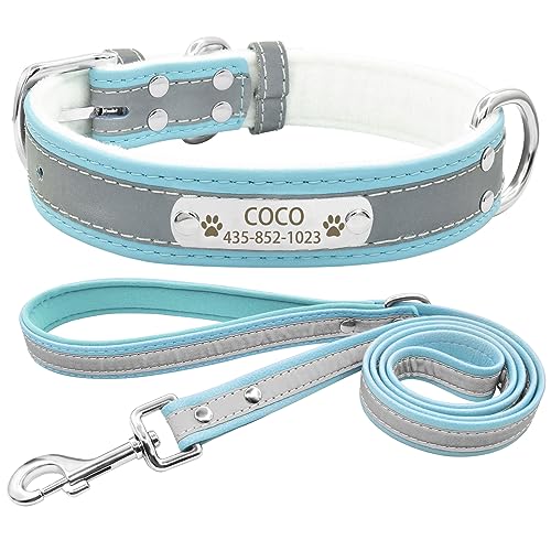 Senristar Personalisierte Reflektierende Hundehalsband und Leine Set,Benutzerdefinierte Eingraviert Warmes Futter Hundehalsband mit Namensschild für Kleine,Mittlere,Große Hunde & Katzen von Senristar