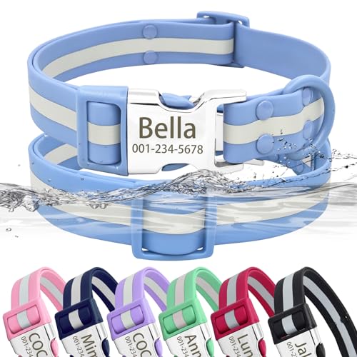 Senristar Personalisiertes Wasserdicht & Reflektierend Hundehalsband mit Namensschild, Benutzerdefiniertes Leicht zu Reinigendes PVC-Hundehalsband mit Schnalle mit Eingraviertem ID-Namen und Nummer von Senristar