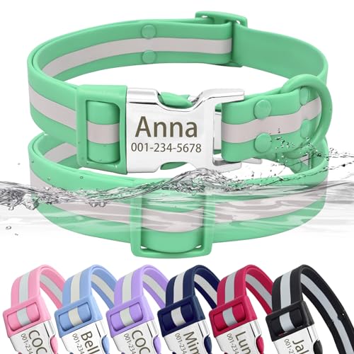 Senristar Personalisiertes Wasserdicht & Reflektierend Hundehalsband mit Namensschild, Benutzerdefiniertes Leicht zu Reinigendes PVC-Hundehalsband mit Schnalle mit Eingraviertem ID-Namen und Nummer von Senristar