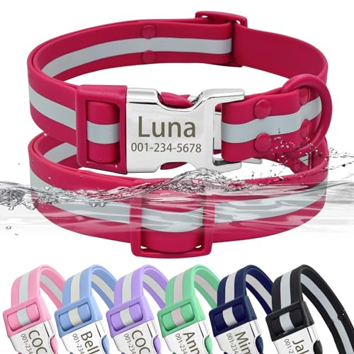 Senristar Personalisiertes Wasserdicht & Reflektierend Hundehalsband mit Namensschild, Benutzerdefiniertes Leicht zu Reinigendes PVC-Hundehalsband mit Schnalle mit Eingraviertem ID-Namen und Nummer von Senristar