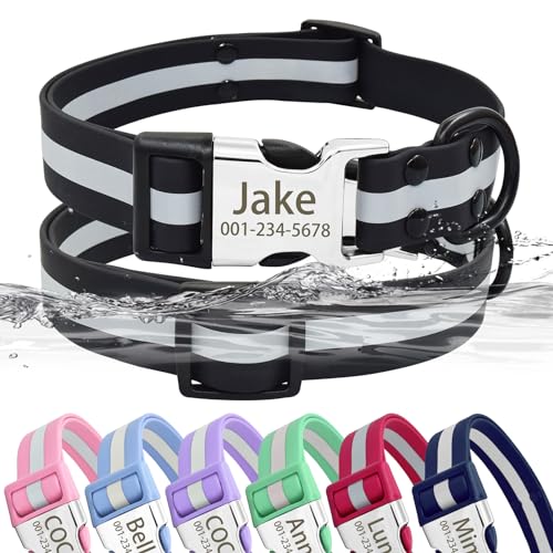 Senristar Personalisiertes Wasserdicht & Reflektierend Hundehalsband mit Namensschild, Benutzerdefiniertes Leicht zu Reinigendes PVC-Hundehalsband mit Schnalle mit Eingraviertem ID-Namen und Nummer von Senristar