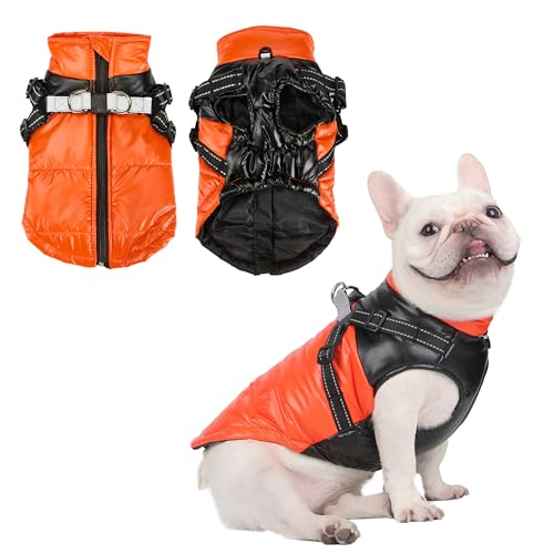 Sensong Hundemantel für den Winter, Winddicht wasserdichte Hundejacke, Warme Hunde Winterweste Wintermantel für Kleine Hunde Welpe Hundemantel mit Geschirr-Orange L von Sensong