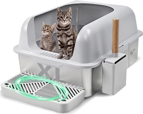 Seogwisam Katzentoilette aus Edelstahl, hohe Seiten, extra groß, geschlossene Katzentoilette für große Katzen, einfache Reinigung, hohe Wandseiten, Katzenklo – mit Katzentoilette und Schaufel von Seogwisam