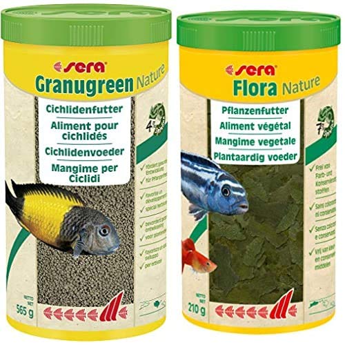 sera Bundle Malawi Futter Set bestehend aus Granugreen 1 Ltr. (mit 4% Spirulina) & Flora 1 Ltr. (mit 7% Spirulina) pflanzliches Futter für Herbivore Cichliden z.B. Malawi & Tropheus Moorii von sera