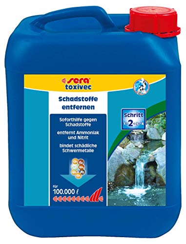 sera pond toxivec 5 Ltr. - Soforthilfe für alle Teiche Entfernt sofort akut fischtoxischen Stoffe Ammoniak und Nitrit Bindet schädliche Schwermetalle wie Blei und Kupfer Entfernt Chlor und Chloramine von sera