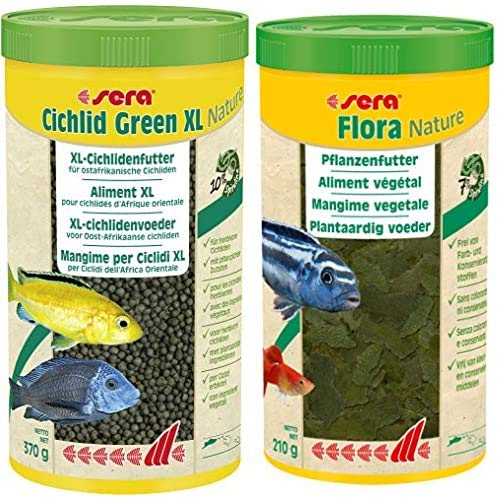 sera Bundle Malawi Futter Set XL bestehend aus Cichlid Green XL 1 Ltr. (mit 10% Spirulina) & Flora 1 Ltr. (mit 7% Spirulina) pflanzliches Futter für Herbivore Cichliden z.B. Malawi & Tropheus Moorii von sera