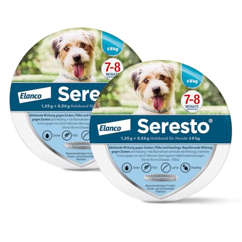 Seresto Halsband Sparset für kleine Hunde bis 8 kg: 7 bis 8 Monate wirksamer Schutz gegen Zecken und Flöhe, Länge 36 cm, 1,25 g + 0,56 g, 2 Halsbänder von Seresto