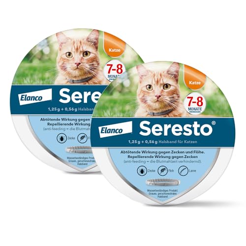 Seresto Zeckenhalsband im Sparset für Katzen: 7 bis 8 Monate wirksamer Schutz gegen Zecken und Flöhe, Länge 36 cm, 1,25 g + 0,56 g, 2 Halsbänder von Seresto