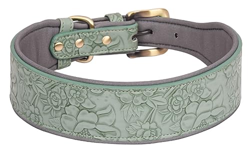 Serijoars Hundehalsband Leder für große Hunde, mittelgroße Hunde & kleine Hunde, Verstellbares, Weich Gepolstertes Halsband für Hunde mit Prägung Print Leder Hundehalsbänder (XL, Grün) von Serijoars