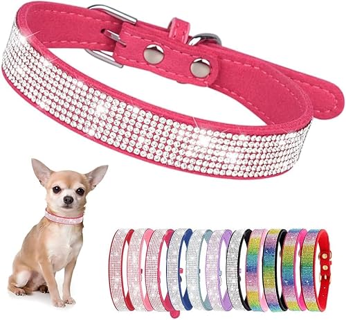 Serijoars Kleines Hundehalsband mit Strasssteinen und Diamanten, bunt, glitzernd, für Mädchen, Welpen, Katzen (Größe M, Hot Pink) von Serijoars