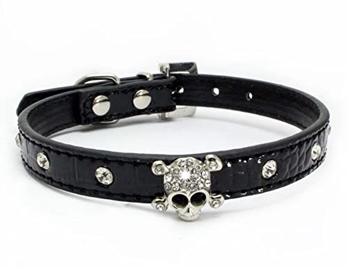 Serijoars Niedliches, schillerndes, funkelndes, elegantes, ausgefallenes Totenkopf-Halsband aus Leder für kleine Haustiere, für Hunde und Katzen, Größe S, Schwarz von Serijoars