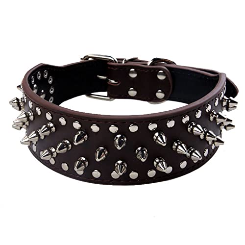 Serijoars Spiked Hundehalsband, PU-Leder, Hundehalsband, verstellbare Haustierhalsbänder für mittelgroße oder große Rassen (L, Dunkelbraun) von Serijoars