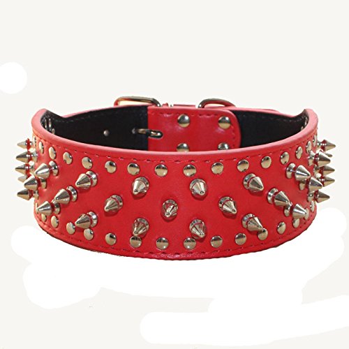 Serijoars Spiked Hundehalsband, PU-Leder, Hundehalsband, verstellbare Haustierhalsbänder für mittelgroße oder große Rassen (L, Rot) von Serijoars