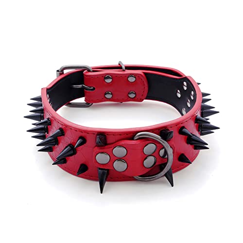 Serijoars Spiked Hundehalsband, PU-Leder, Hundehalsband, verstellbare Haustierhalsbänder für mittelgroße oder große Rassen (M, Rot3) von Serijoars