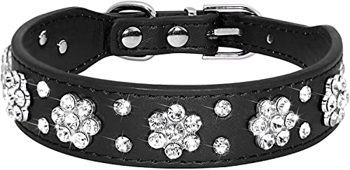 Serijoars Strass Hundehalsband, Niedliche Blume Strass Katzen Hundehalsband Bling Halsband PU Leder Halsband Einstellbare Größen XS Small Medium (M, Schwarz) von Serijoars