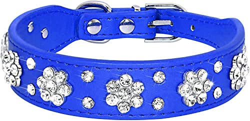 Serijoars Strass Hundehalsband, Niedliche Blume Strass Katzen Hundehalsband Bling Halsband PU Leder Halsband Einstellbare Größen XS Small Medium (S, Dunkelblau) von Serijoars