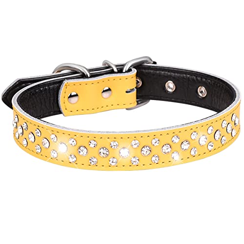 Serijoars Strass Hundehalsband für Kleine Mittlere Große Hunde, Einstellbar Glitzernd Kristall Weich Echtes Leder Bling Hundehalsbänder (L, Gelb) von Serijoars