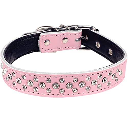 Serijoars Strass Hundehalsband für Kleine Mittlere Große Hunde, Einstellbar Glitzernd Kristall Weich Echtes Leder Bling Hundehalsbänder (L, Rosa) von Serijoars