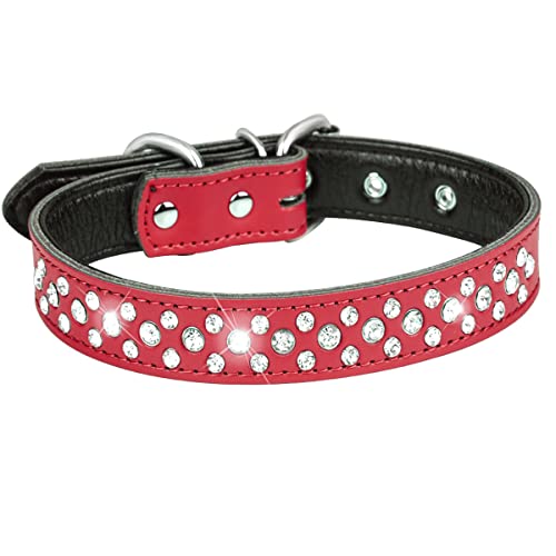 Serijoars Hundehalsband mit Strasssteinen für kleine, mittelgroße und große Hunde, verstellbar, glitzernd, weich, echtes Leder, glitzernd, Größe L, Rot von Serijoars