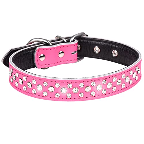 Serijoars Strass Hundehalsband für Kleine Mittlere Große Hunde, Einstellbar Glitzernd Kristall Weich Echtes Leder Bling Hundehalsbänder (S, Hot Pink) von Serijoars