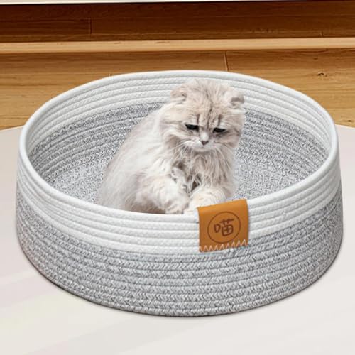 Katzenbett Haustierbett, Katzenkorb Zum Schlafen Aus Baumwollseilen, Katzenbett Waschbar, Rundes Gewebtes Katzenbettchen, Hundebett Korb Geflochten Für Katzen Schlafplatz 40 cm von Setauoo