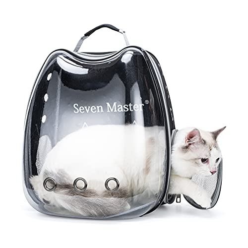 Seven Master Katzenrucksack Tragetasche Luftpolstertasche, Weltraumkapsel Haustier Tragetasche für kleine Hunde und Katzen, Klar Bubble Rucksack für Wandern, Reisen und Outdoor,Schwarz (D-BPCatshape) von Seven Master