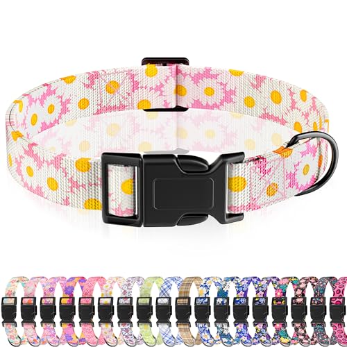 Seyezo Hundehalsband, Gänseblümchen-Blumenmuster, Welpenhalsband für Jungen, Mädchen, kleine, mittelgroße und große Hunde, verstellbar, weiches Haustierhalsband, ausgefallenes Blumenmuster mit von Seyezo