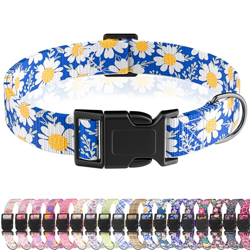 Seyezo Hundehalsband, Gänseblümchen-Blumenmuster, Welpenhalsband für Jungen, Mädchen, kleine, mittelgroße und große Hunde, verstellbar, weiches Haustierhalsband, ausgefallenes Blumenmuster mit von Seyezo