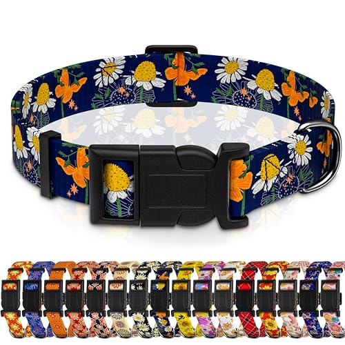 Seyezo Hundehalsband mit Schmetterlings-Aufdruck, Gänseblümchen, Welpenhalsband für kleine, mittelgroße und große Hunde, verstellbar, weiches Blumenmuster, mit Sicherheitsschnalle für männliche Frauen von Seyezo
