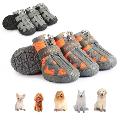 Sezlinver Hundeschuhe mit Rutschfester Sohle, 4er-Pack, verstellbare Pfotenschützer mit reflektierenden Bändern, waschbar und atmungsaktiv für kleine Hunde (Black 3) von Sezlinver