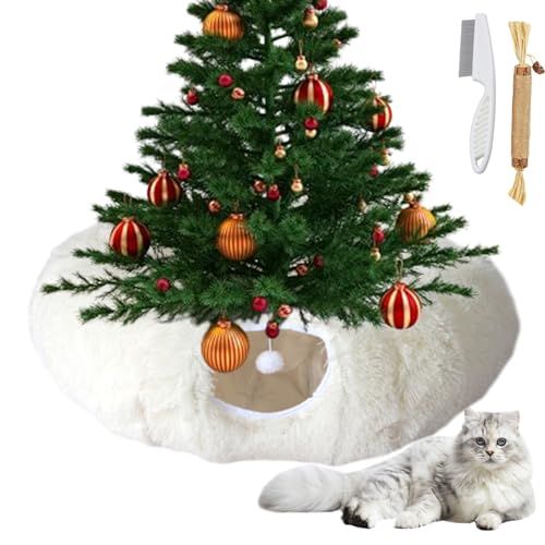 Cat Tunnel Christmas Tree, Circular Cat Tunnels Under Christmas Tree Skirt for Indoor, Christmas Tree Cats Bed Cave Tubes (White Plush, Large) von Shafaja