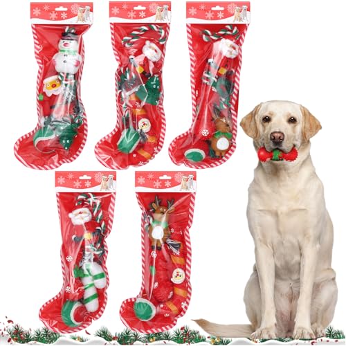 Shappy 10 Set Weihnachts-Hundespielzeug, interaktives Weihnachts-Hundespielzeug mit Weihnachtsmann, Ball, Baum, Quietschspielzeug, robustes Seil-Kauspielzeug, 5-teiliges Weihnachtsstrumpf-Set für von Shappy