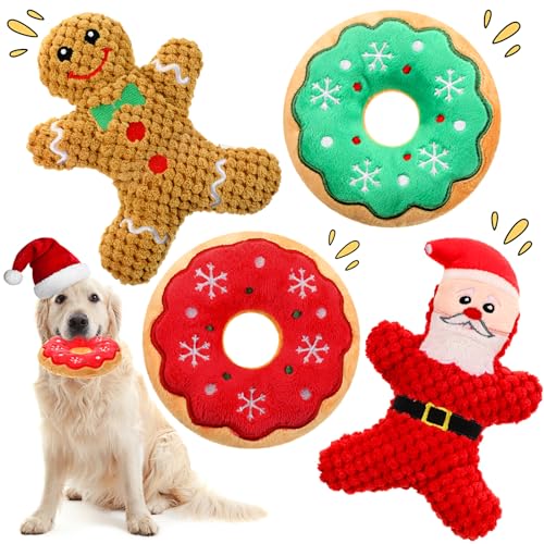 Shappy 4 Stück Weihnachts-Plüsch-Hundespielzeug, Donut-Kauspielzeug mit Quietscher, langlebiges Beißspielzeug für mittelgroße und kleine Hunde, Welpen, aggressive Kauer, interaktives Geschenk von Shappy