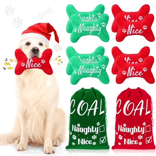 Shappy Weihnachts-Hundespielzeug, Plüsch, quietschendes Knochenspielzeug-Sets, Urlaubs-Hundespielzeug, Kauspielzeug mit 2 Taschen für kleine, mittelgroße und große Hunde, Welpen, Rot, Grün, 8 Stück von Shappy