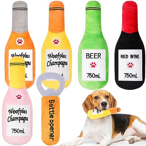 Shappy Quietschendes Hundespielzeug, Bierflasche und Öffner, interaktives, lustiges Hundespielzeug mit Quietscher, Plüsch, Wein, Champagner, Hundespielzeug für kleine und mittelgroße Hunde, ohne von Shappy