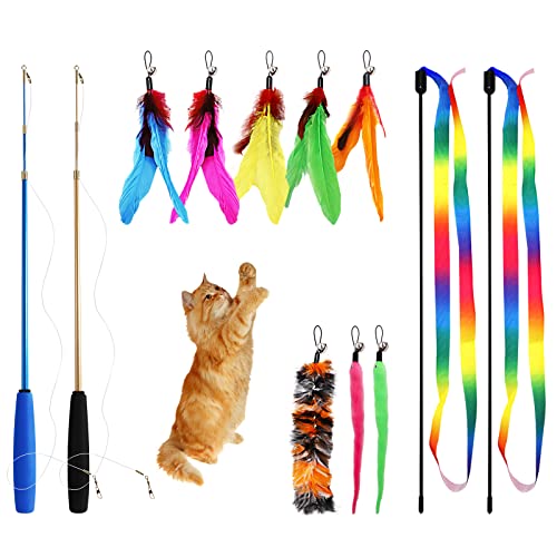 SharpCost Cat Toys, 12PCS Interactive Kitten Toys, Retractable Indoor Cat Wand Toys with Replacement Teaser, Interactive Rainbow Ribbon and Make Exercise for Kitten or Cats by Sunshinetop von SharpCost