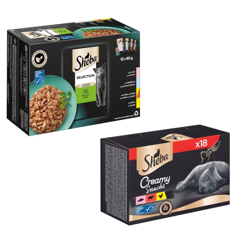 12 x 85 g Sheba Varietäten Nassfutter + 18 x 12 g Creamy Snacks zum Sonderpreis! - 12 x 85 g Selection in Sauce Feine Vielfalt + 18 x 12 g Creamy Snacks Multipack von Sheba