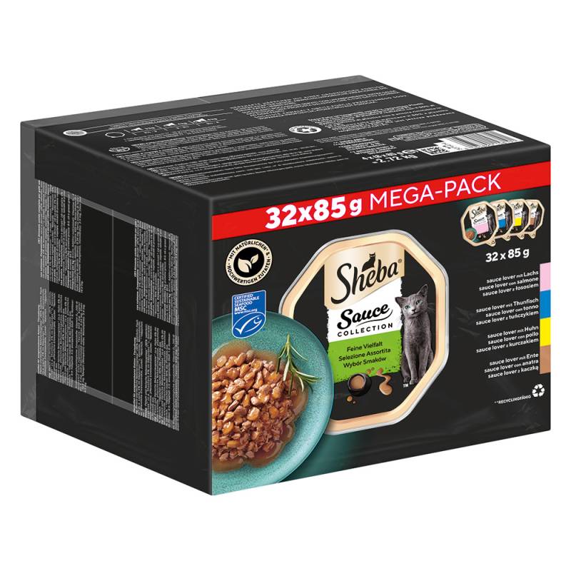 24 + 8 gratis! 32 x 85 g Multipack Sheba Varietäten Schälchen - Sauce Lover (Lachs, Thunfisch, Huhn, Ente) von Sheba