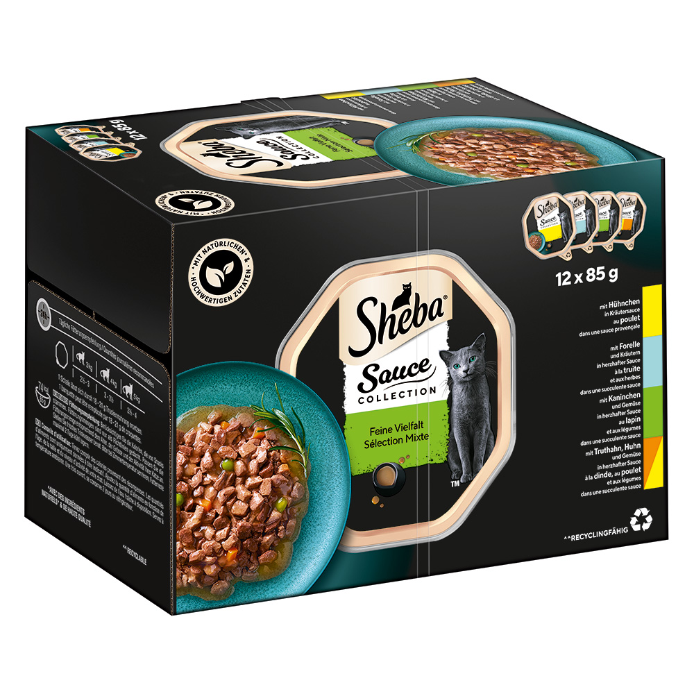 9 + 3 gratis! 12 x 85 g Sheba - Multipack Varietäten Schälchen: Sauce Collection (Kaninchen; Forelle; Huhn; Truthahn & Huhn) von Sheba