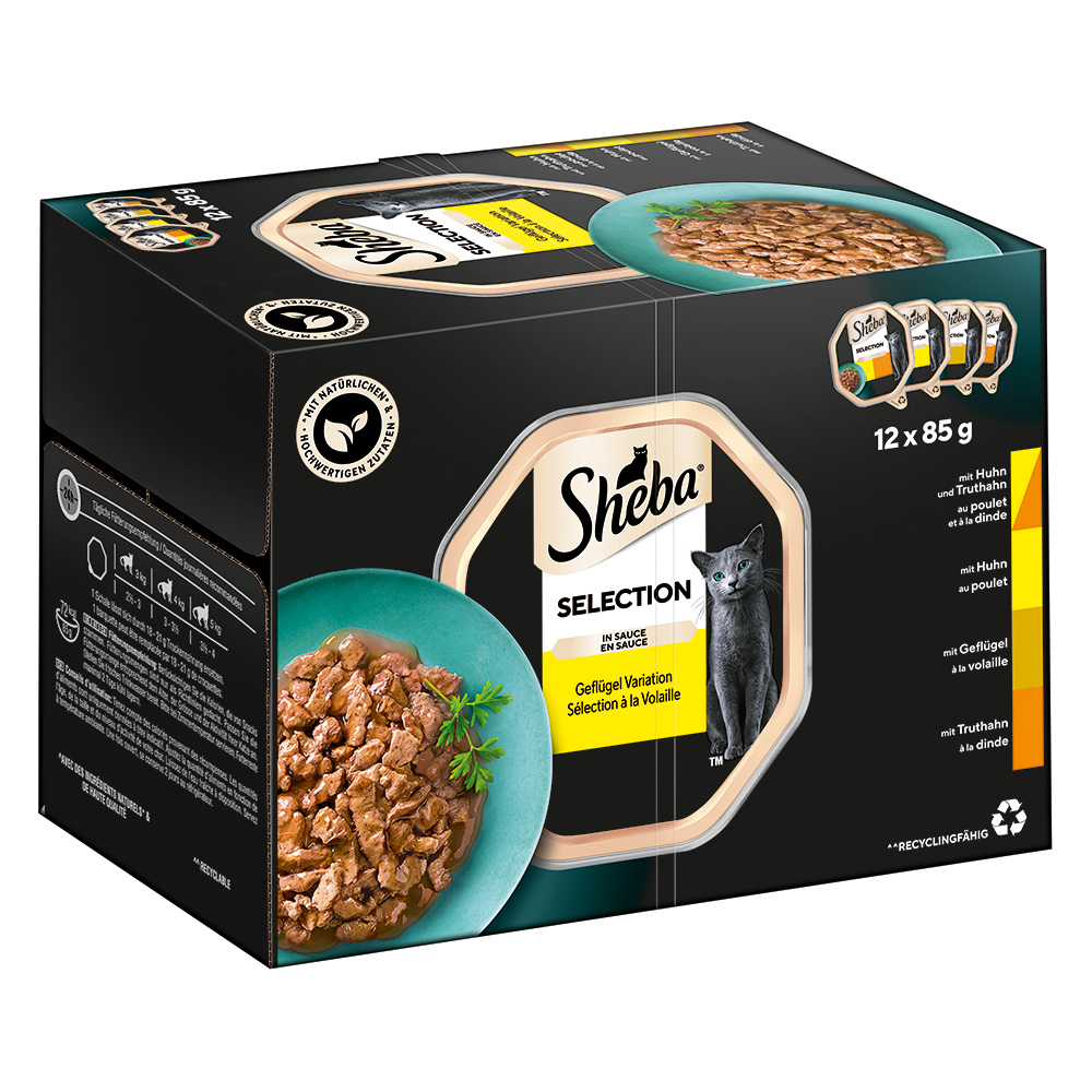 9 + 3 gratis! 12 x 85 g Sheba - Multipack Varietäten Schälchen: Selection in Sauce (Huhn & Truthahn; Huhn; Geflügel; Truthahn) von Sheba