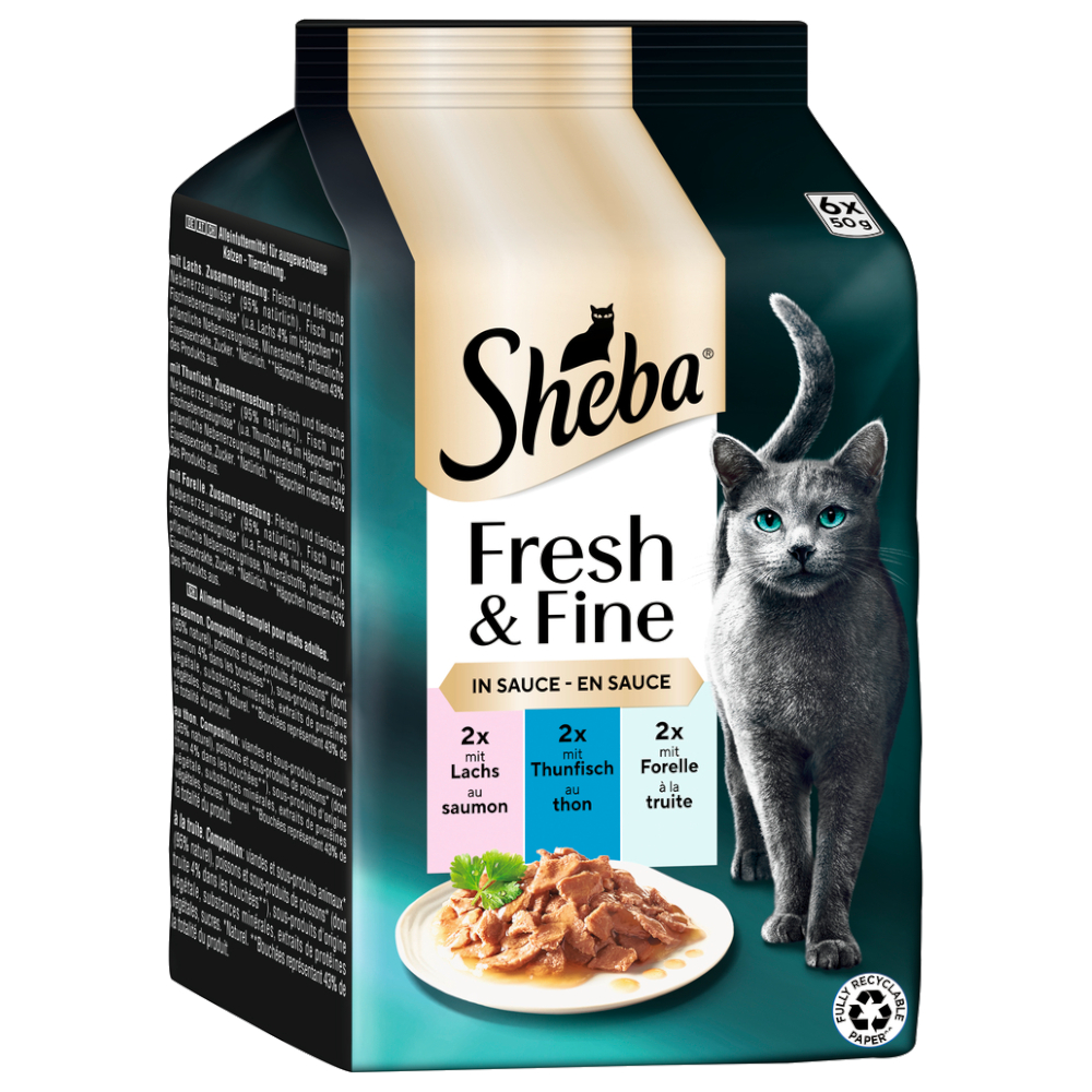 Megapack Sheba Fresh & Fine Frischebeutel 12 x 50 g - Lachs, Thunfisch & Forelle in Sauce Megapack Sheba Fresh & Fine Frischebeutel 12 x 50 g - Lachs, Thunfisch & Forelle in Sauce von Sheba