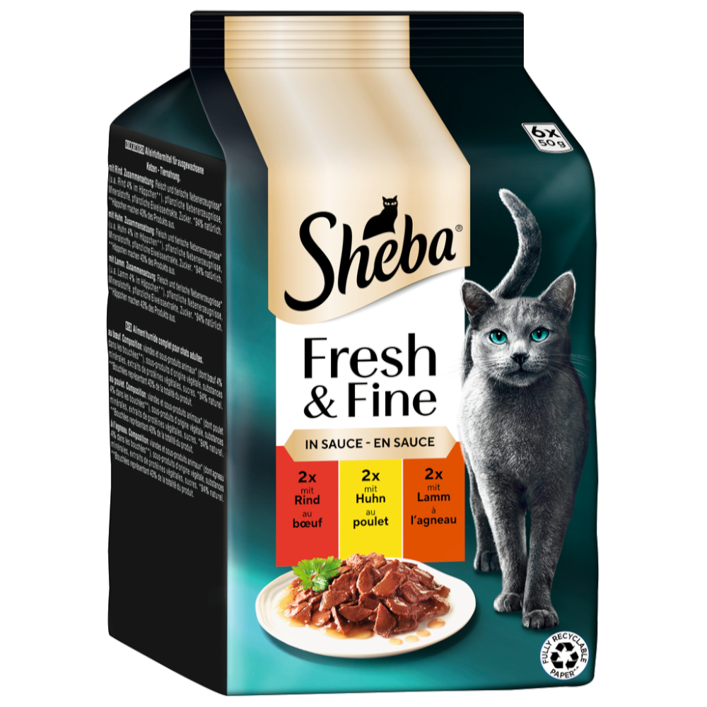 Megapack Sheba Fresh & Fine Frischebeutel 12 x 50 g - Rind, Huhn & Lamm in Sauce Megapack Sheba Fresh & Fine Frischebeutel 12 x 50 g - Rind, Huhn & Lamm in Sauce von Sheba