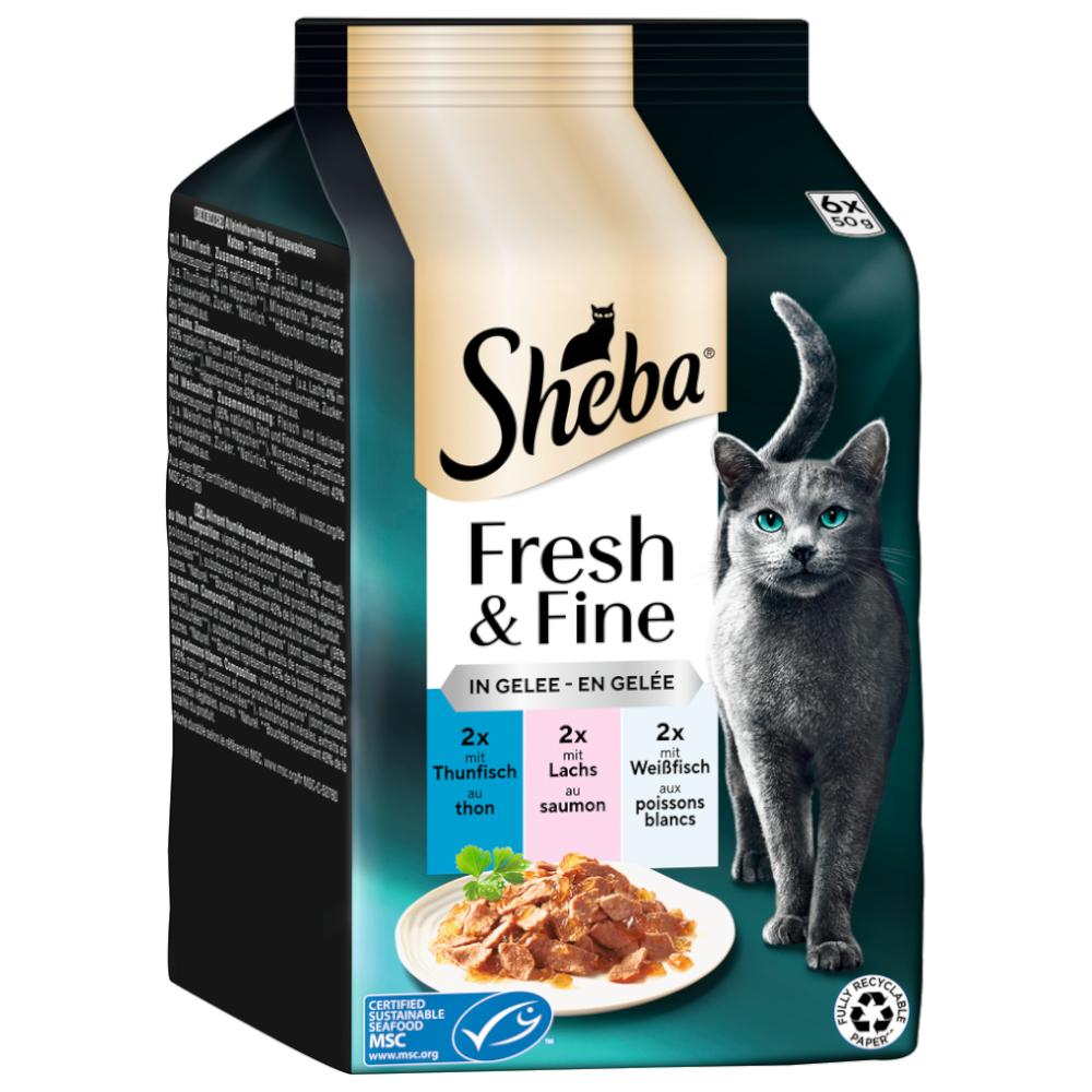 Megapack Sheba Fresh & Fine Frischebeutel 12 x 50 g - Thunfisch, Lachs & Weißfisch in Gelee Megapack Sheba Fresh & Fine Frischebeutel 12 x 50 g - Thunfisch, Lachs & Weißfisch in Gelee von Sheba